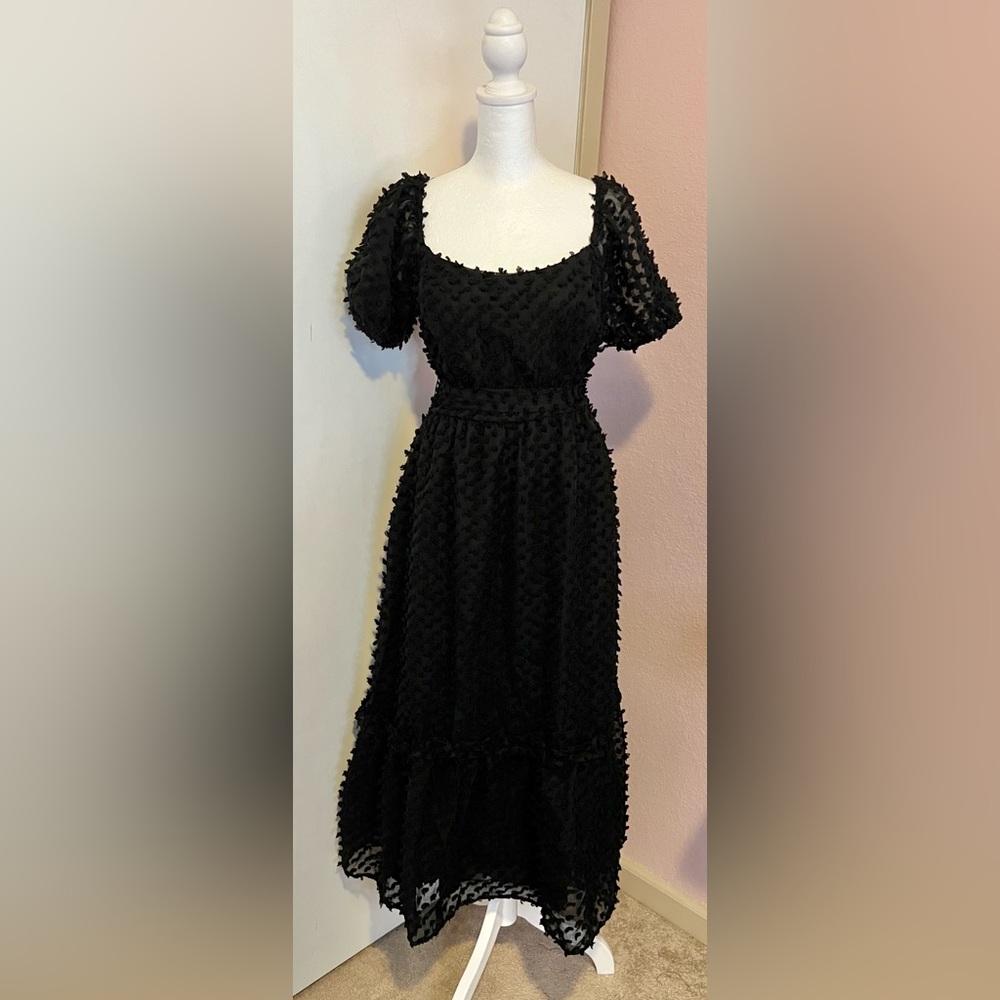 Dramatically Chic Black Clip Dot Puff Sleeve Midi… - image 2